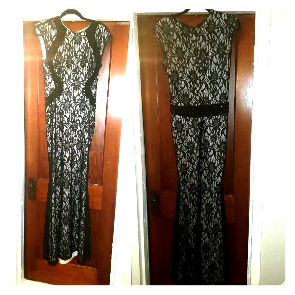 Black lace over tan Evening gown long
